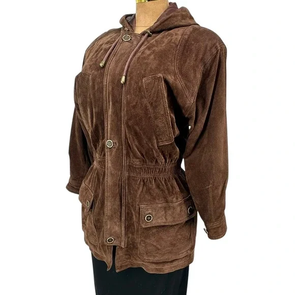 VTG Chocolate Brown Suede Jacket Hooded Leather Parka Oversized Sz S BB Dakota - Picture 12 of 14